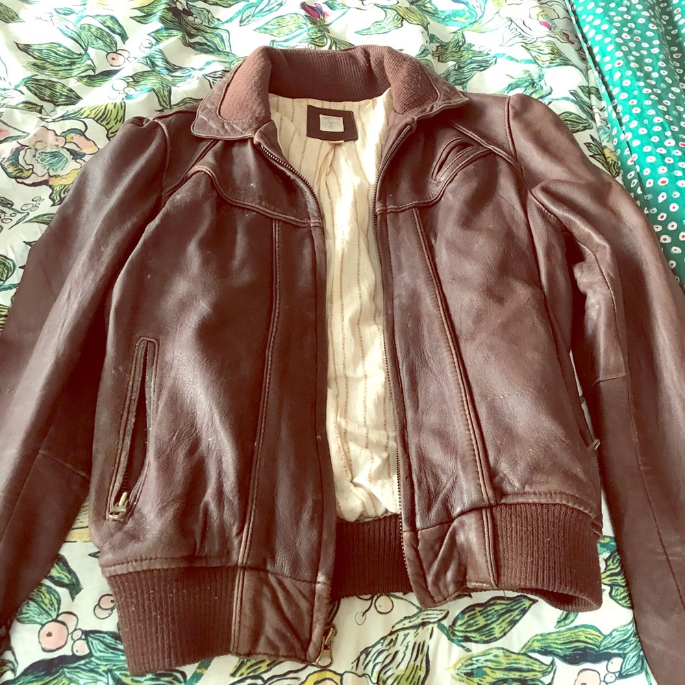 Aqua brown leather bomber jacket